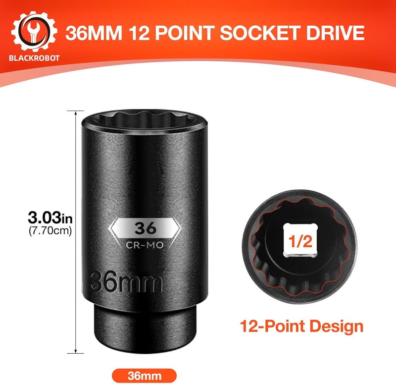BLACKROBOT 36 mm 12-Point Deep Impact Socket, 1/2 Inch Drive, Metric, Black Manganese Phosphate Coating - Image 2